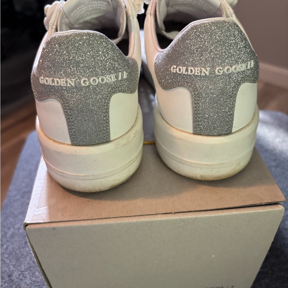 Golden Goose White Sneakers with Silver Glitter Heel